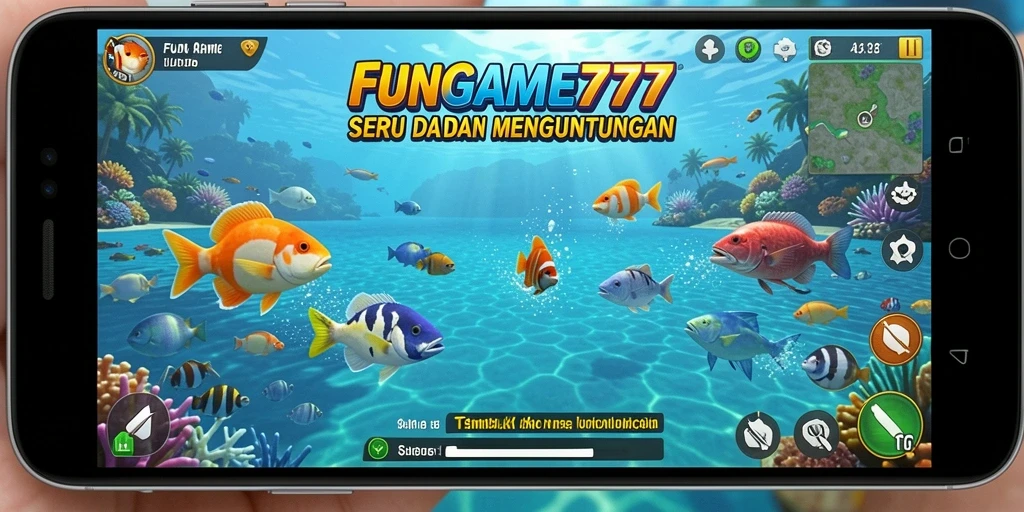 Screenshot gameplay FUNGAME777 dengan tampilan ikan berwarna-warni.