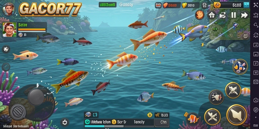 Tangkapan layar gameplay seru GACOR77 dengan berbagai ikan.