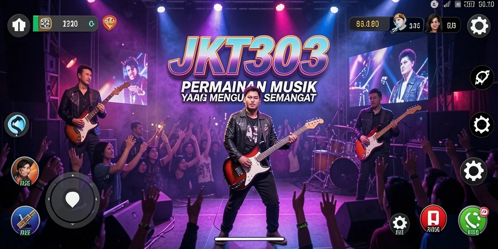 Screenshot JKT303 menampilkan gameplay musik yang penuh warna.