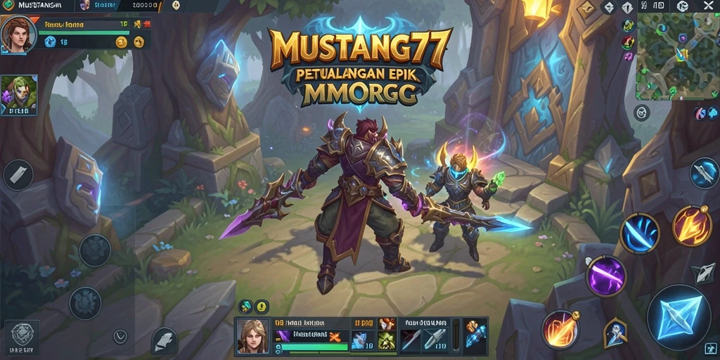 Screenshot utama MUSTANG77 menampilkan aksi pertempuran yang intens dalam dunia MMORPG.