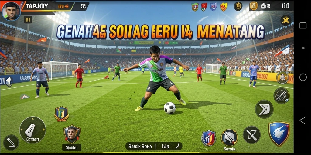 Tampilan gameplay TAPJOY yang penuh aksi di lapangan sepak bola.